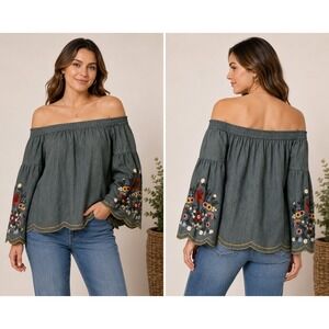 Umgee Bardot Off the Shoulder Top S Embroidered Floral Bell Sleeve Peasant Green